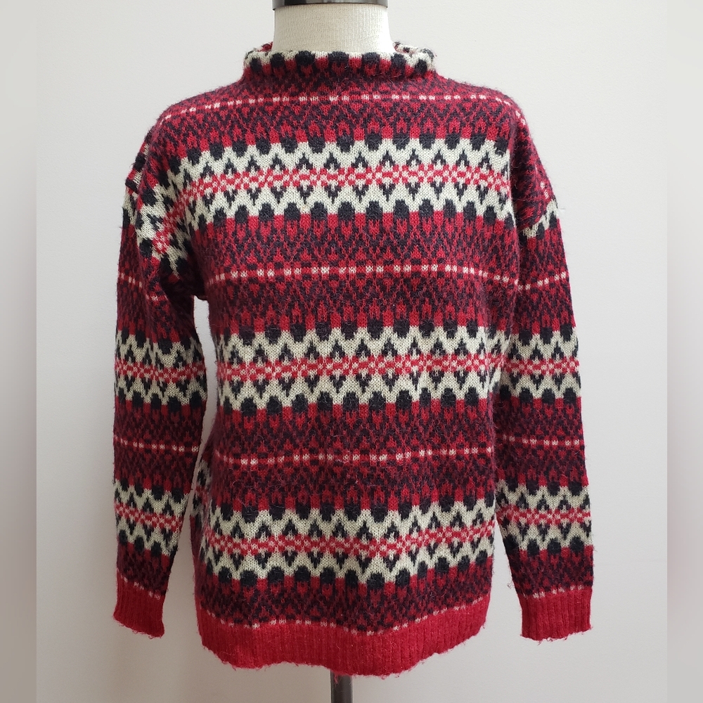 Chaps Red, Black, and White Geometric Print Mockneck Wool Blend Sweater, Small